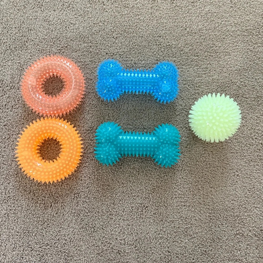 Vibrant Spiky Squeaky Dog Toy Set - Orange, Blue, Green - Set of Five (5)